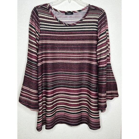 Cocomo Woman Top Size 1X Purple Metallic Stripe 3/4 Length Slit Bell Sleeve - Picture 1 of 11